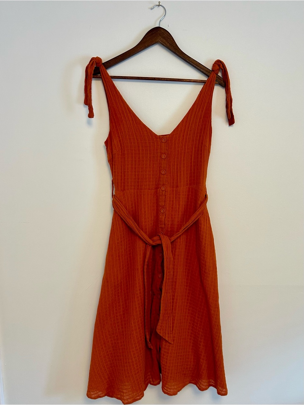 FRNCH Paris Rust Gauze Midi Dress | Tie Straps | Pockets | Lined